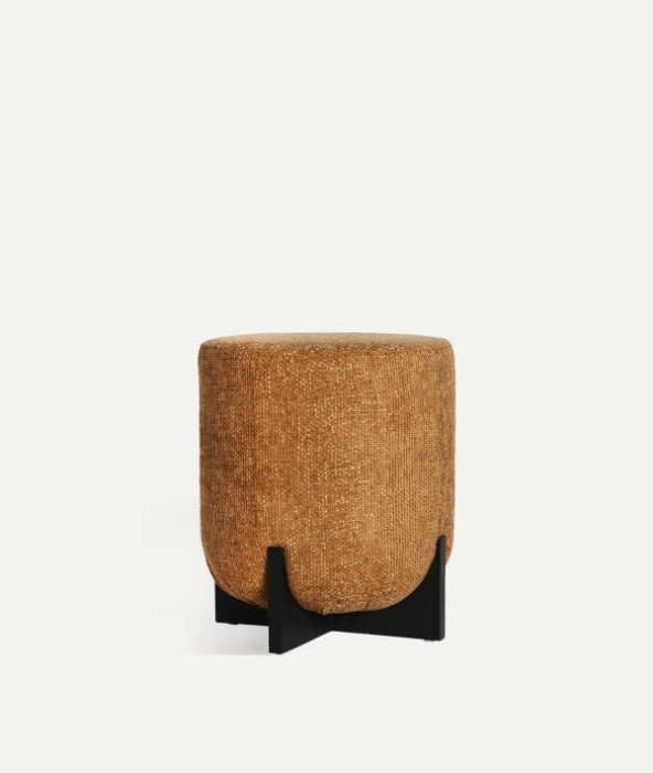 Taburet tapitat din stofa texturata ocru cu baza din lemn negru 41 x 41 x 48 cm [3]