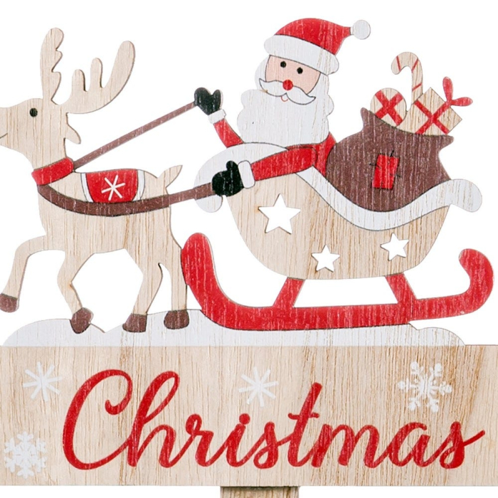 Țăruș decorativ din lemn cu plăcuță albă Christmas și Moș Crăciun în sanie trasă de ren [2]