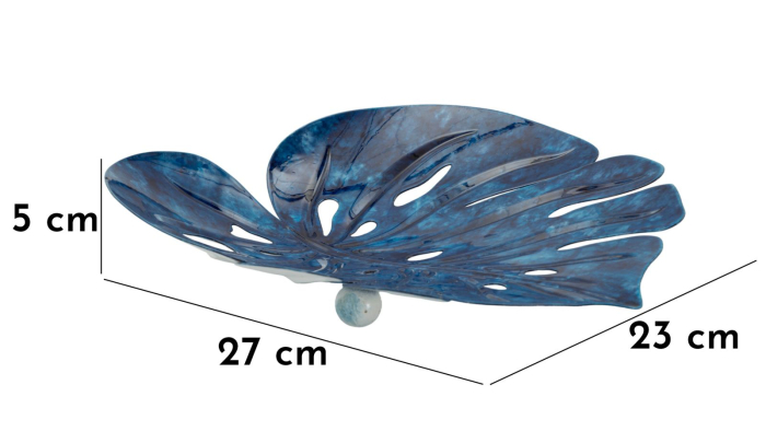 Tavă decorativă în formă de frunză de monstera din metal albastru marmorat cu decupaje [8]
