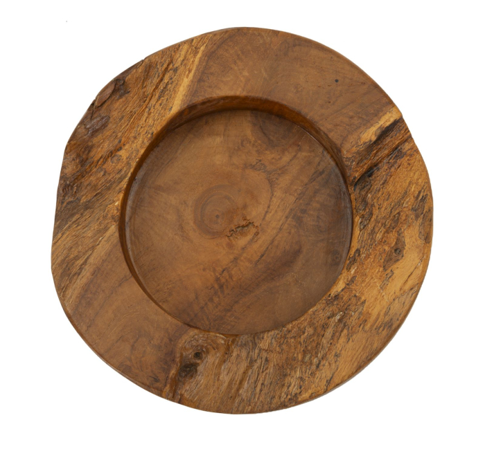 Tavă decorativă masivă din lemn de tec reciclat cu margine naturală, scorburi și adâncitură rotundă [2]