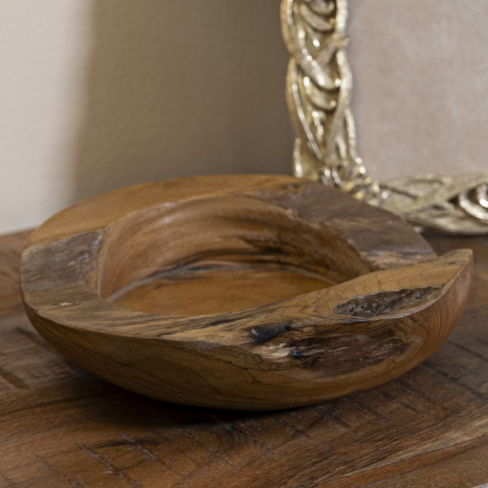 Tavă decorativă rotundă din lemn de tec reciclat cu margine naturală și adâncitură șlefuită [8]