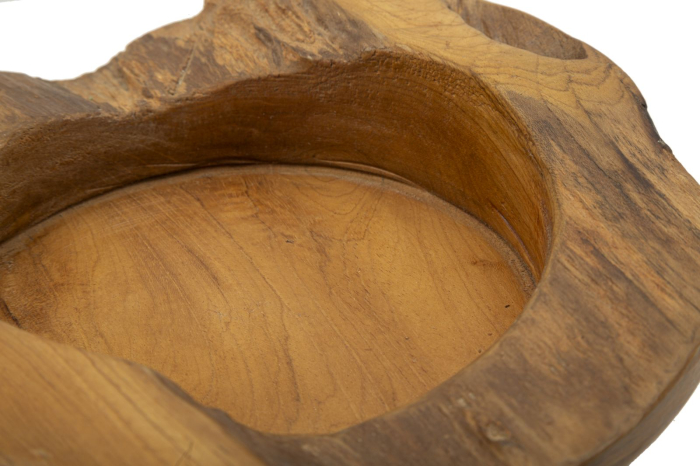 Tavă decorativă rotundă din lemn de tec reciclat cu margine naturală și adâncitură șlefuită [5]