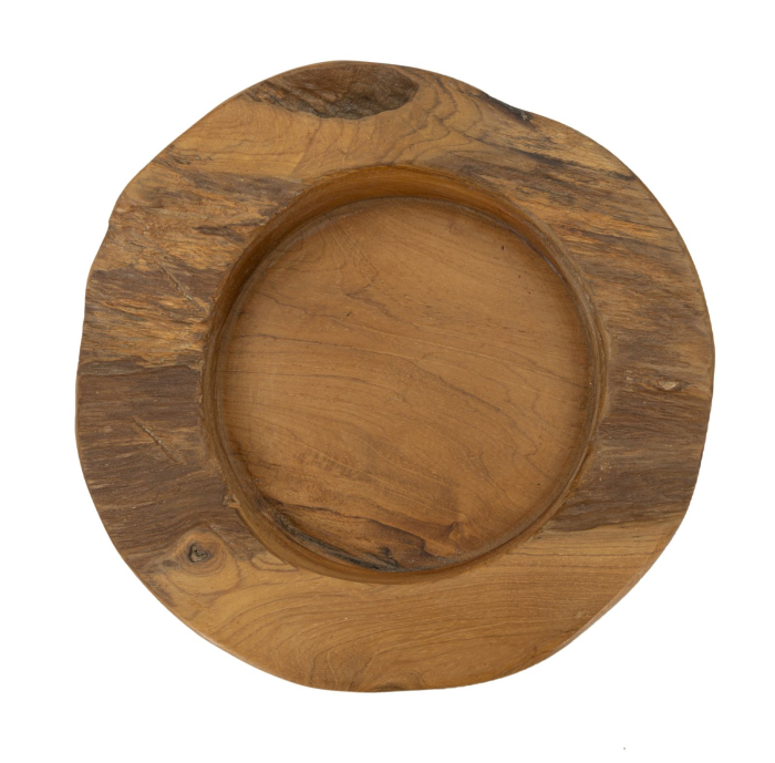 Tavă decorativă rotundă din lemn de tec reciclat cu margine naturală și adâncitură șlefuită [2]