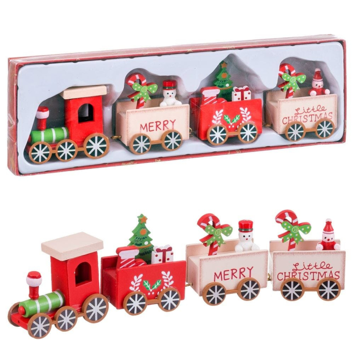 Trenuleț de Crăciun din lemn cu locomotivă roșie trei vagoane cu cadouri și mesajul Merry Christmas [3]