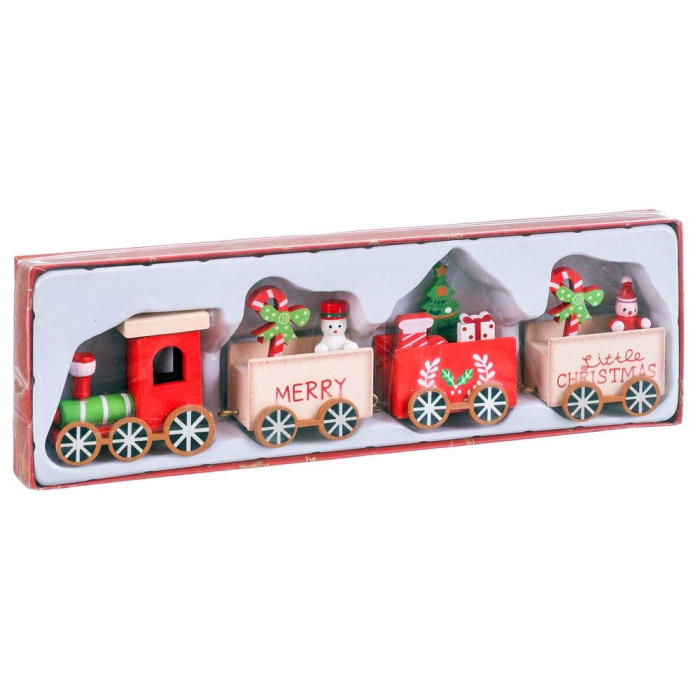 Trenuleț de Crăciun din lemn cu locomotivă roșie trei vagoane cu cadouri și mesajul Merry Christmas [4]
