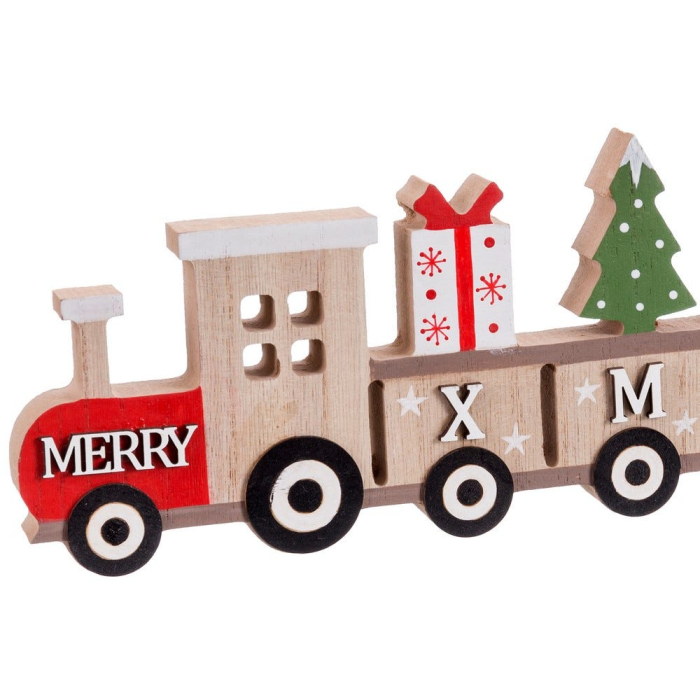 Trenuleț din lemn cu locomotivă MERRY și vagoane cu literele XMAS încărcate cu cadouri brazi și glob roșu [2]