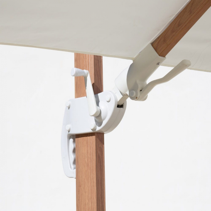 Umbrelă Tiber alb – aluminiu tec, detalii albe, poliester UV exterior [12]