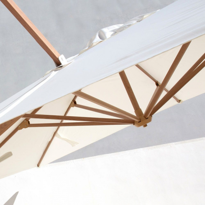Umbrelă Tiber alb – aluminiu tec, detalii albe, poliester UV exterior [13]