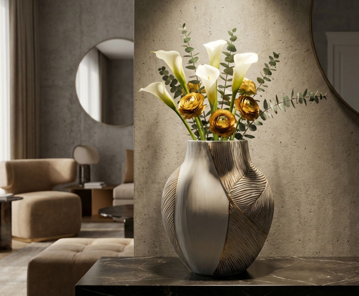 Titlul imaginii principale: Vază alb-bej din rășină cu decor curbat reliefat 27x11.5x31 cm [6]