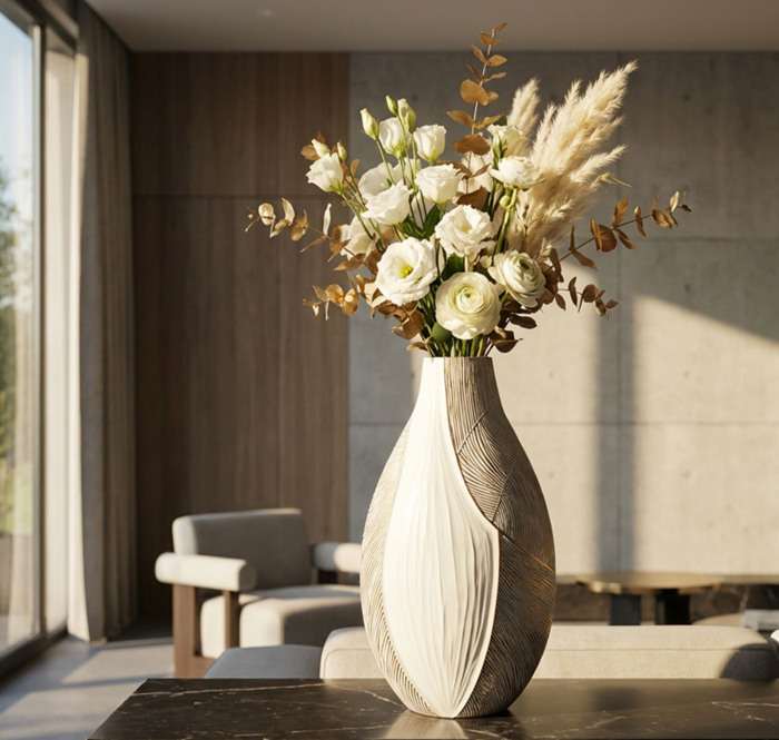 Titlul imaginii principale: Vază alb-bej din rășină cu decor curbat reliefat 29.5x13.5x50 cm [5]