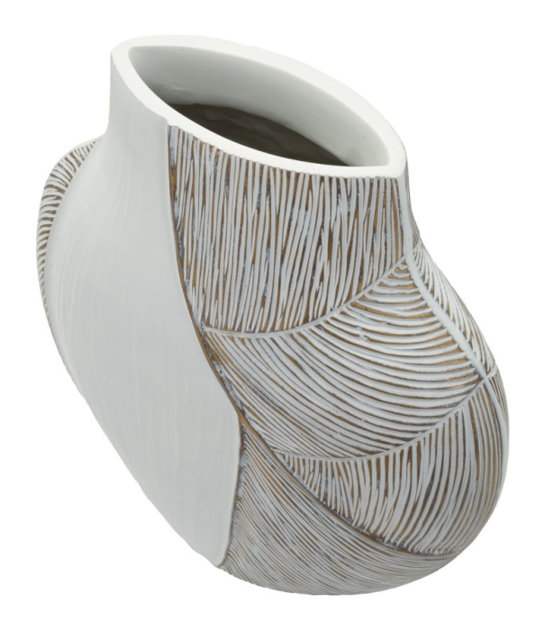 Titlul imaginii principale: Vază alb-bej din rășină cu decor curbat reliefat 35x13.5x37.5 cm [3]