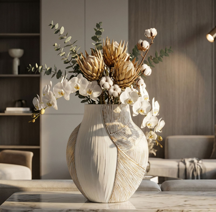 Titlul imaginii principale: Vază alb-bej din rășină cu decor curbat reliefat 35x13.5x37.5 cm [6]