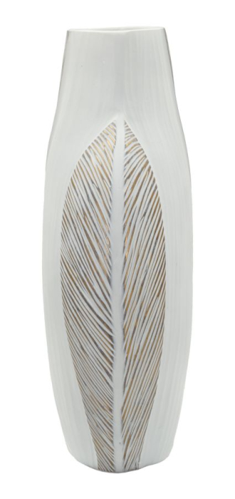 Titlul imaginii principale: Vază alb-bej din rășină cu decor curbat reliefat 35x13.5x37.5 cm [2]