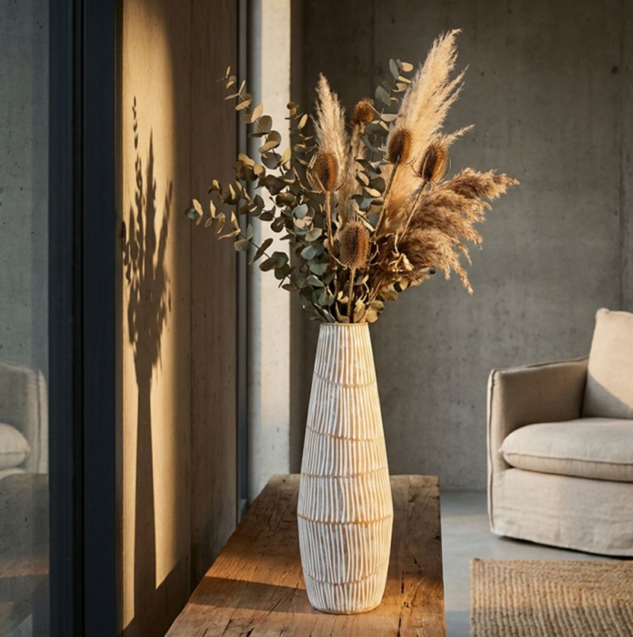 Titlul imaginii principale: Vază alb-bej din rășină cu linii verticale decorative 17x47 cm [2]