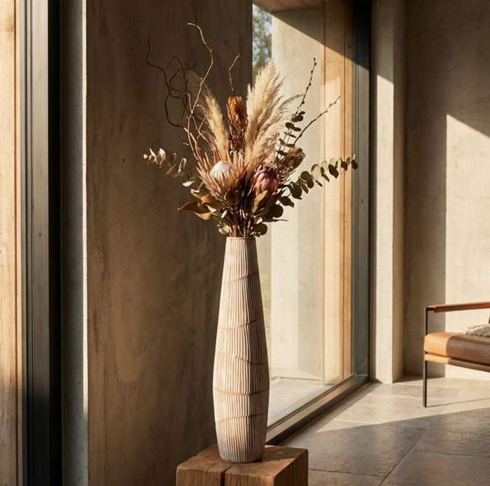 Titlul imaginii principale: Vază alb-bej din rășină cu linii verticale decorative 17x68.5 cm [5]