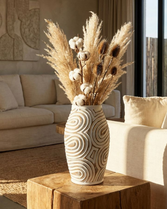 Titlul imaginii principale: Vază alb white wash din rășină cu decor spiral reliefat 19.5x35 cm [2]