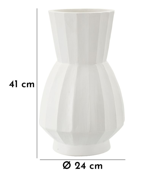 Vază decorativă albă cu siluetă de clepsidră, corp bombat cu fațete și picior rotund [7]
