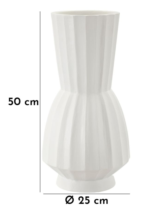 Vază decorativă albă cu siluetă de clepsidră, coaste fațetate verticale și picior rotund la bază [7]