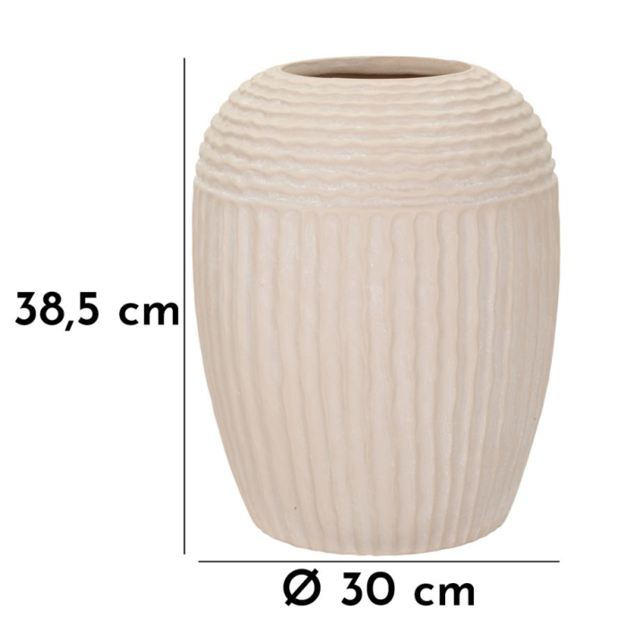 Vază decorativă bej cu valuri în relief pe umăr, caneluri verticale și interior brun, cald [7]