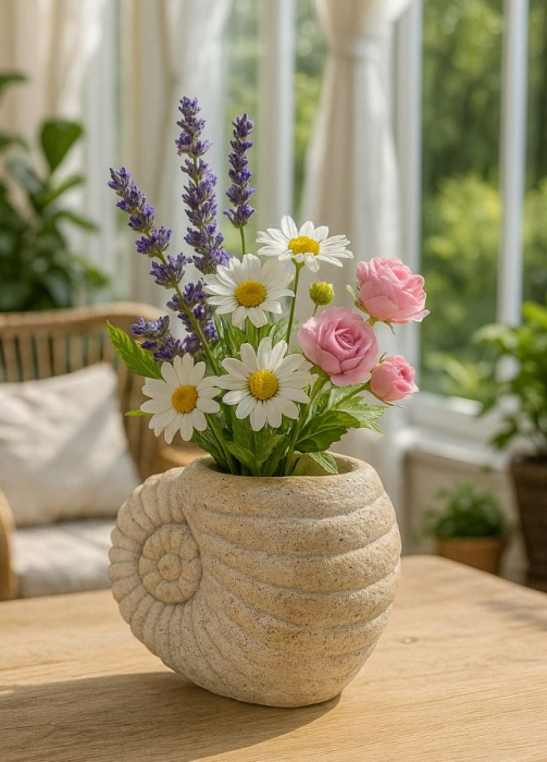 Vază decorativă bej din MGO cu formă de scoică și textură nisipată Shell Sand [7]