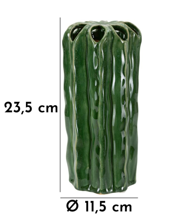 Vază decorativă cactus din ceramică verde adânc cu coaste lucioase și gură în petale [7]