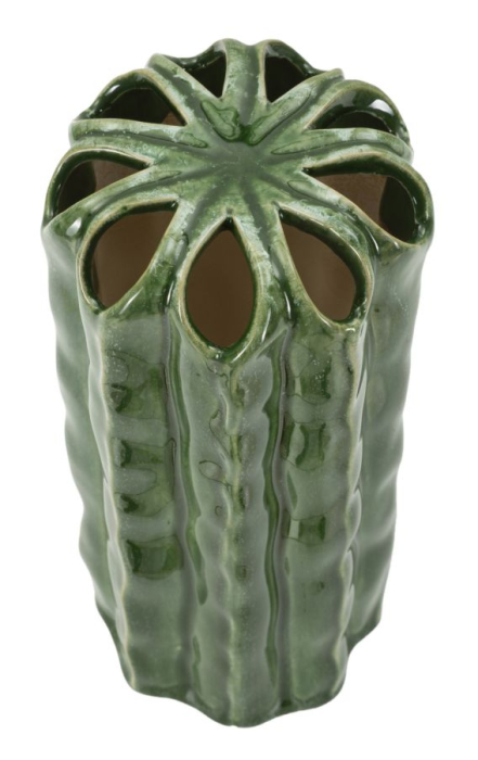 Vază decorativă cactus din ceramică verde adânc cu coaste lucioase și gură în petale [2]