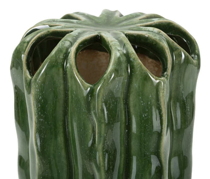 Vază decorativă cactus din ceramică verde adânc cu coaste lucioase și gură în petale [3]