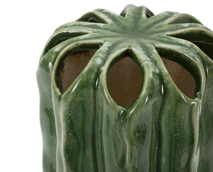 Vază decorativă cactus din ceramică verde adânc cu coaste lucioase și gură în petale [5]