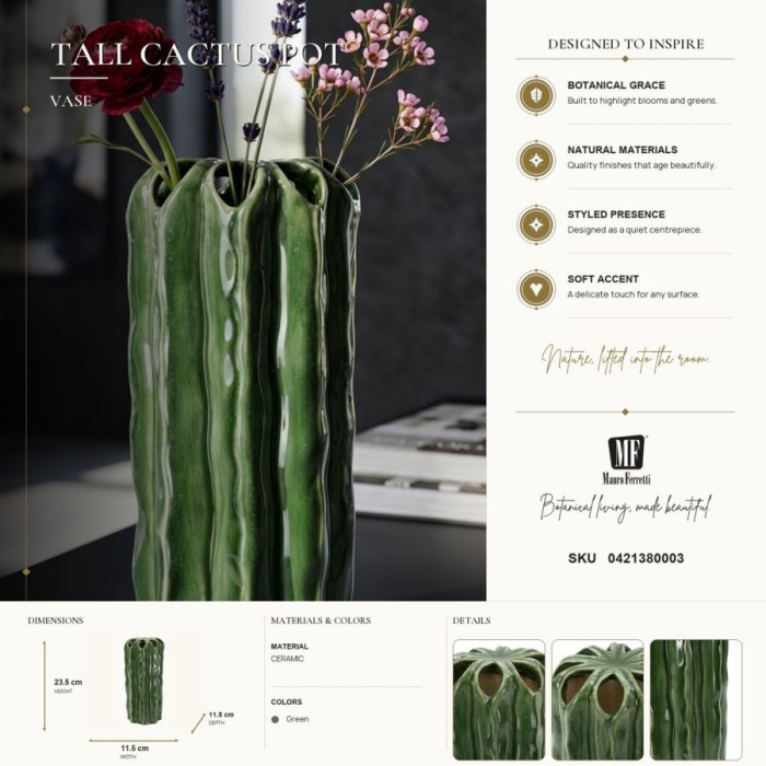 Vază decorativă cactus din ceramică verde adânc cu coaste lucioase și gură în petale [8]