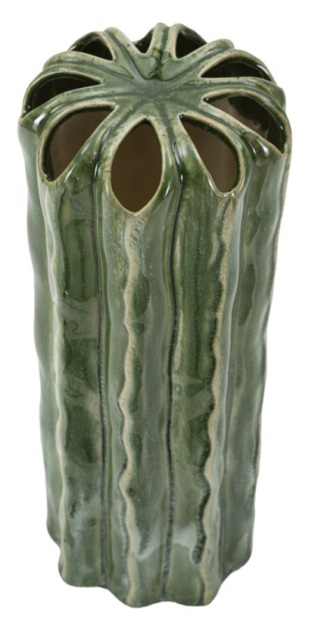 Vază decorativă cactus din ceramică verde cu coaste ondulate și gură în petale [2]