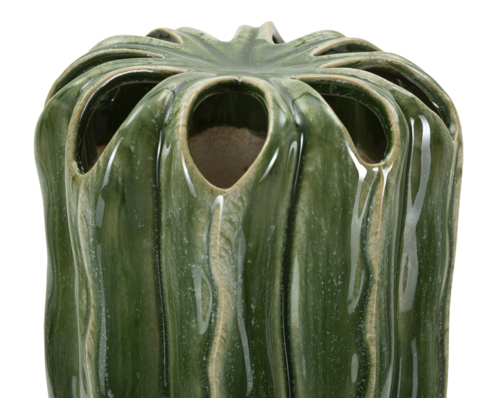 Vază decorativă cactus din ceramică verde cu coaste ondulate și gură în petale [3]