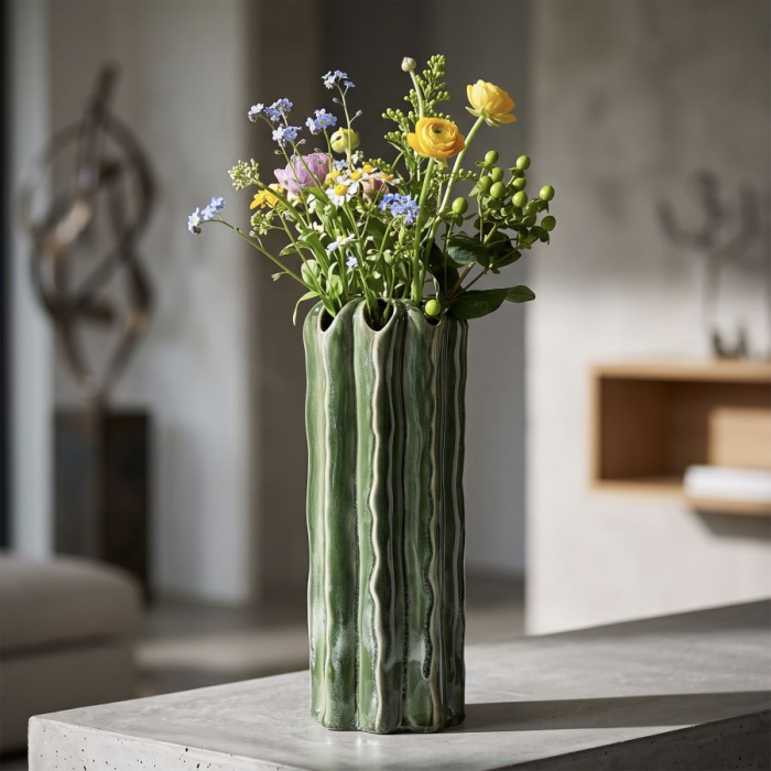Vază decorativă cactus din ceramică verde cu coaste ondulate și gură în petale [6]