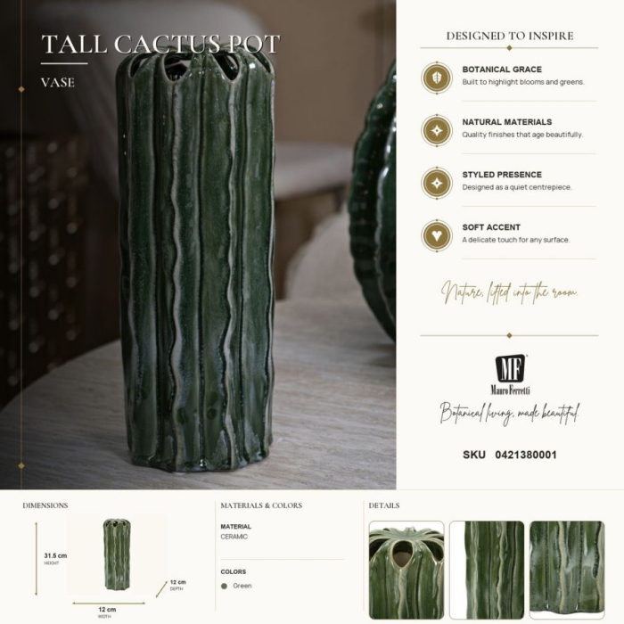 Vază decorativă cactus din ceramică verde cu coaste ondulate și gură în petale [7]