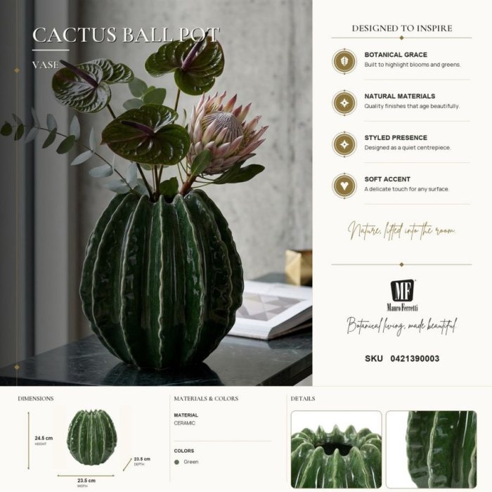 Vază decorativă cactus sferică din ceramică verde cu caneluri moi în relief și gură zimțată [7]