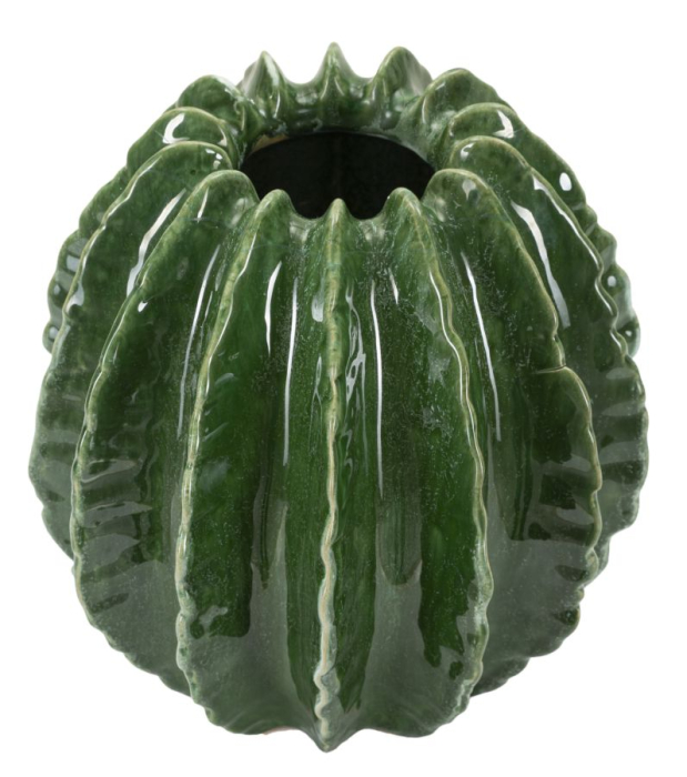 Vază decorativă cactus sferică din ceramică verde cu caneluri moi în relief și gură zimțată [2]