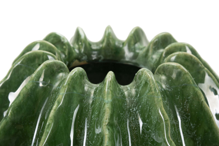 Vază decorativă cactus sferică din ceramică verde cu caneluri moi în relief și gură zimțată [3]