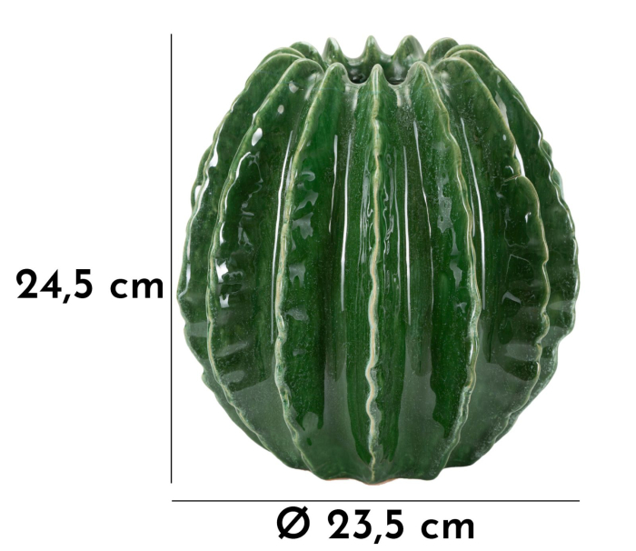 Vază decorativă cactus sferică din ceramică verde cu caneluri moi în relief și gură zimțată [6]