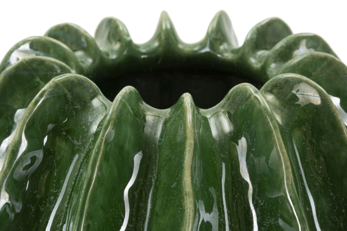Vază decorativă cactus sferică din ceramică verde cu caneluri groase în relief și gură zimțată [4]