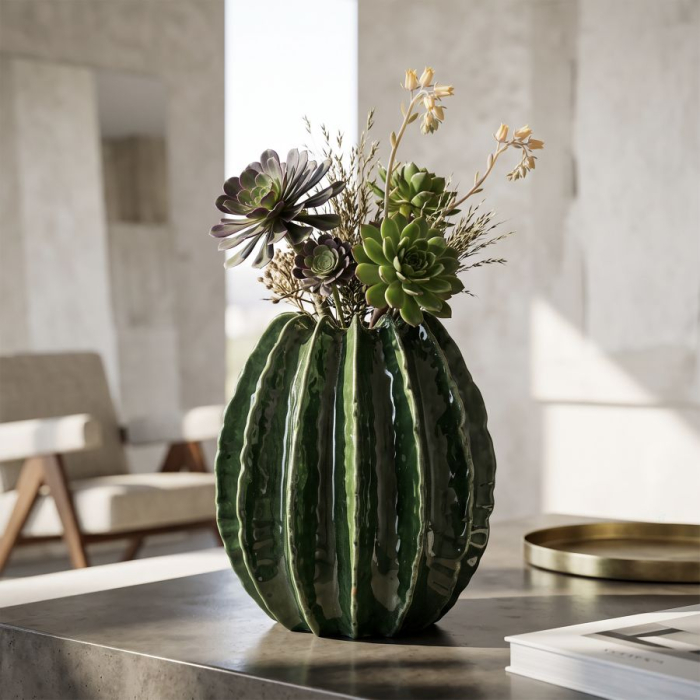 Vază decorativă cactus sferică din ceramică verde cu caneluri groase în relief și gură zimțată [6]