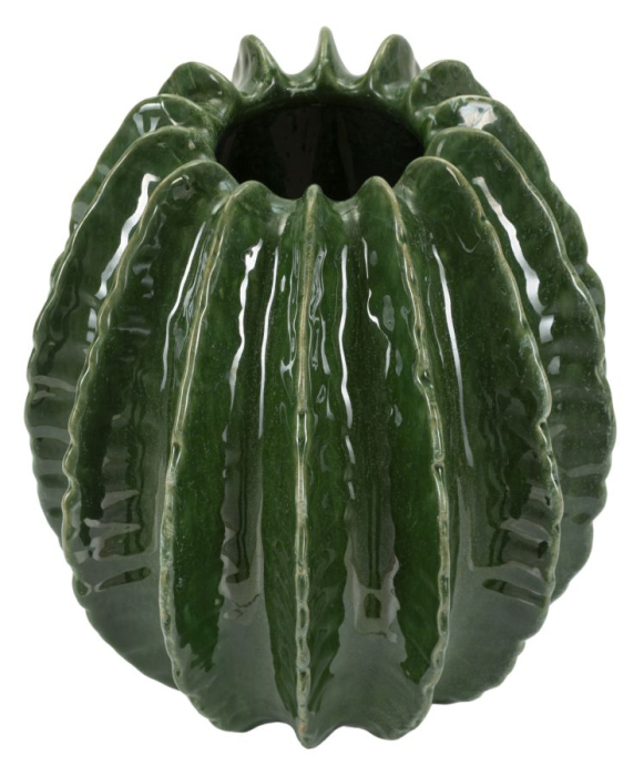 Vază decorativă cactus sferică din ceramică verde cu caneluri groase în relief și gură zimțată [2]