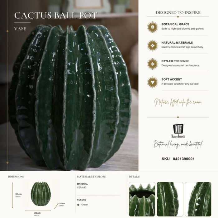 Vază decorativă cactus sferică din ceramică verde cu caneluri groase în relief și gură zimțată [7]