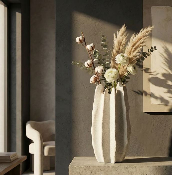 Titlul imaginii principale: Vază decorativă crem din rășină cu design sculptural 23x50 cm [6]