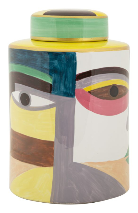 Vază decorativă cu capac din ceramică, cu chip abstract multicolor în stil cubist [6]