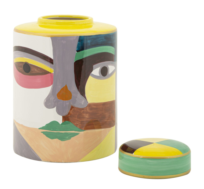 Vază decorativă cu capac din ceramică, cu chip abstract multicolor în stil cubist [2]