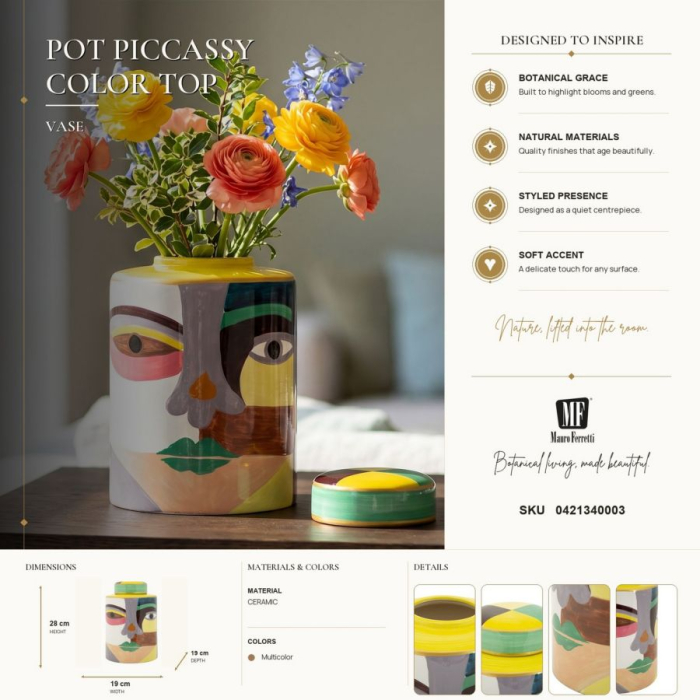 Vază decorativă cu capac din ceramică, cu chip abstract multicolor în stil cubist [10]