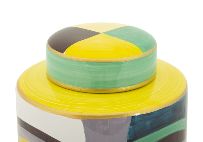 Vază decorativă cu capac din ceramică, cu chip abstract multicolor în stil cubist [4]