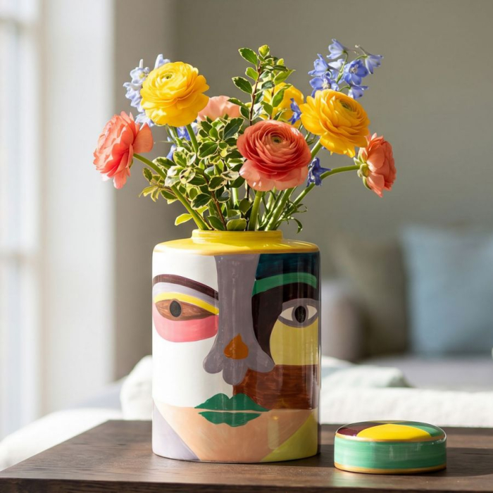 Vază decorativă cu capac din ceramică, cu chip abstract multicolor în stil cubist [8]