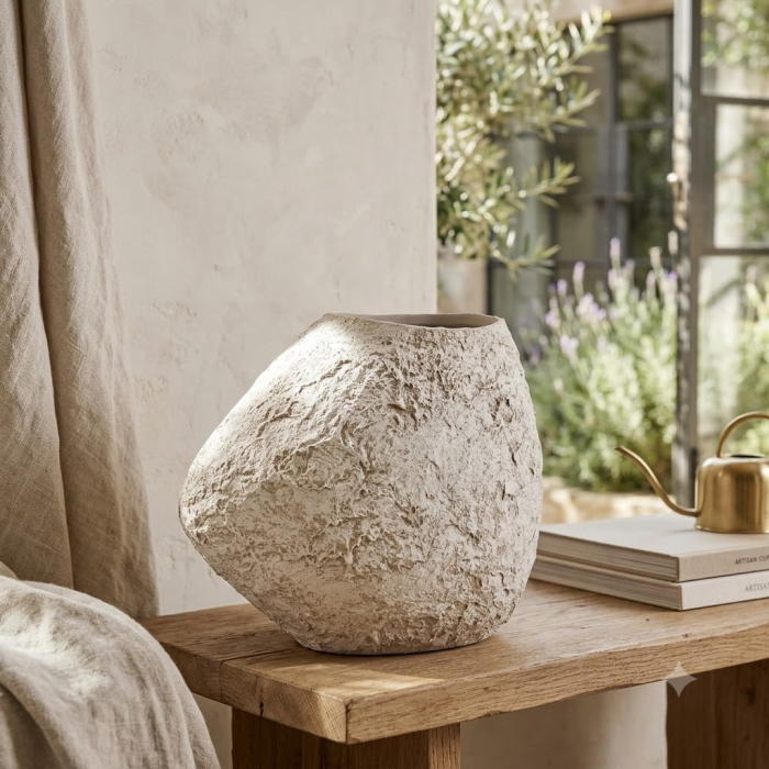 Vază decorativă din ceramică albă rustică formă asimetrică compactă [2]