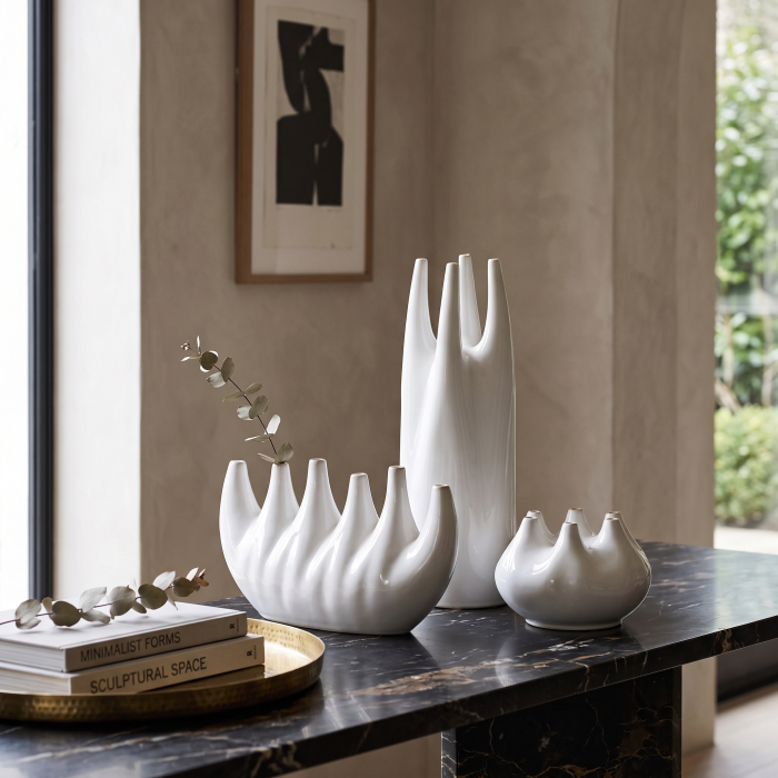 Vază decorativă din ceramică albă design sculptural alungit deschideri multiple [8]