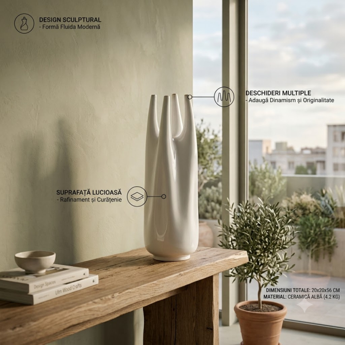 Vază decorativă din ceramică albă design sculptural deschideri multiple [5]